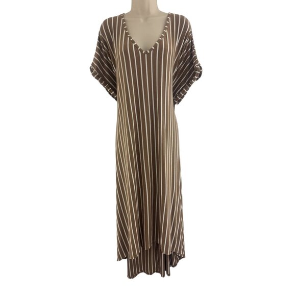 Caato Tan White Striped V-Neck High-Low Maxi Dress w/Pockets Size 22/24W 3X Plus - Picture 1 of 9